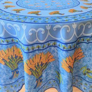 71" ROUND WHEAT BOUQUET BLUE PROVENCE TABLECLOTH